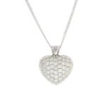 An 18ct gold pave-set diamond heart pendant, suspended from a chain.