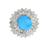 A turquoise and diamond cluster ring.Turquoise calculated weight 2.30cts,