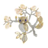An owl brooch, set with cultured pearls, lapis lazuli, citrine and cubic zirconias.