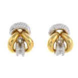 A pair of 18ct gold pave-set diamond earrings.One diamond deficient.Estimated total diamond weight