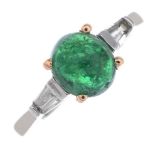 An 18ct gold emerald cabochon and diamond three-stone ring.Emerald calculated weight 1.49cts,