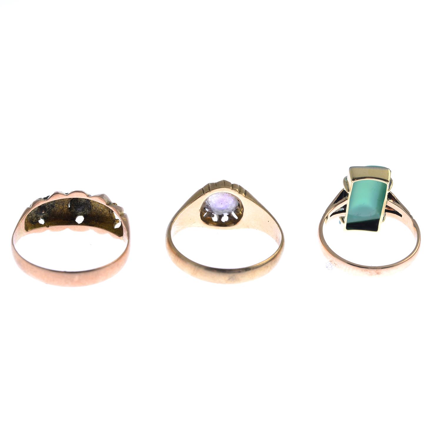 Three late Victorian 9ct gold gem-set rings, set with various gems including chrysoprase. - Image 4 of 4