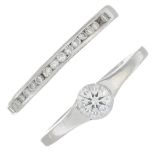 A platinum diamond single-stone ring, and a diamond half eternity ring.