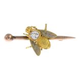 A diamond and vari-hue enamel bee bar brooch.Estimated diamond weight 0.55ct,