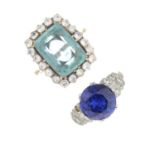 A 9ct gold sapphire and colourless gem three-stone ring,