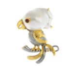 A parrot brooch, set with baroque pearl, garnet and paste.