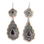 A pair of sapphire and diamond earrings.Length 4.7cms.