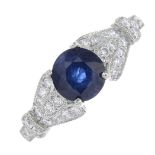 A platinum sapphire and diamond dress ring.Sapphire calculated weight 1ct,