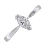 A platinum diamond single-stone ring.Diamond weight 0.39ct,