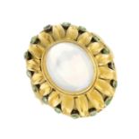 A moonstone and demantoid garnet dress ring.Moonstone calculated weight 5.74cts,