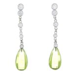 A pair of 18ct gold diamond and peridot drop earrings.