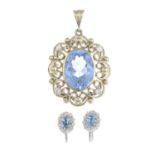 A synthetic spinel and diamond pendant and a pair of topaz and diamond earrings.Estimated total