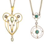 Two early 20th century 9ct gold peridot, split pearl and turquoise necklaces.Lengths 40 and 50cms.