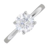 A platinum diamond single-stone ring.Estimated diamond weight 1ct,