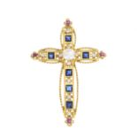 An 18ct gold diamond and gem-set cross pendant.Import marks for Sheffield.Length 4.1cms.