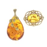 Two items of 9ct gold modified amber jewellery.Hallmarks for Sheffield and London.