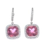 A pair of pink tourmaline and diamond earrings.Tourmaline calculated weight 4.02cts and 3.98cts