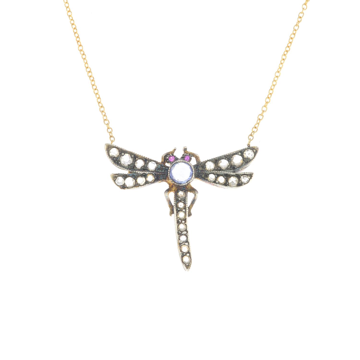 A rose-cut diamond, sapphire and red gem dragonfly necklace, suspended from an 18ct gold chain.