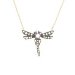 A rose-cut diamond, sapphire and red gem dragonfly necklace, suspended from an 18ct gold chain.