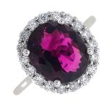 A pink tourmaline and diamond cluster ring.Tourmaline calculated weight 3.92cts,