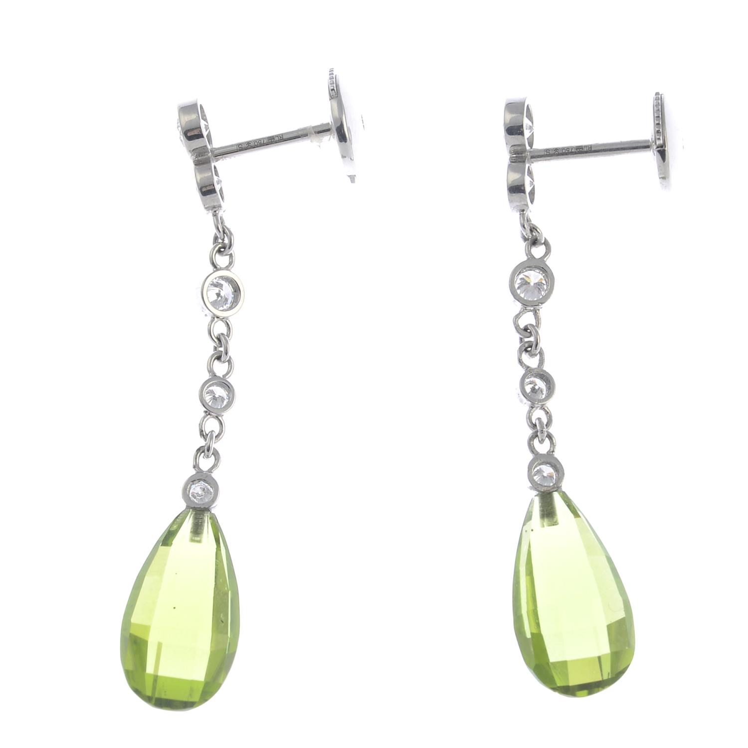 A pair of 18ct gold diamond and peridot drop earrings. - Image 2 of 2