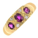 A late Victorian 18ct gold ring, set with rubies and diamonds.
