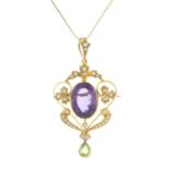 An early 20th century amethyst, peridot and split pearl pendant, suspended from a later chain.