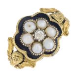 An early Victorian gold ring, set with a diamond and spilt pearls.