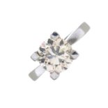 A platinum brilliant-cut diamond single-stone ring.Estimated diamond weight 1.90cts,