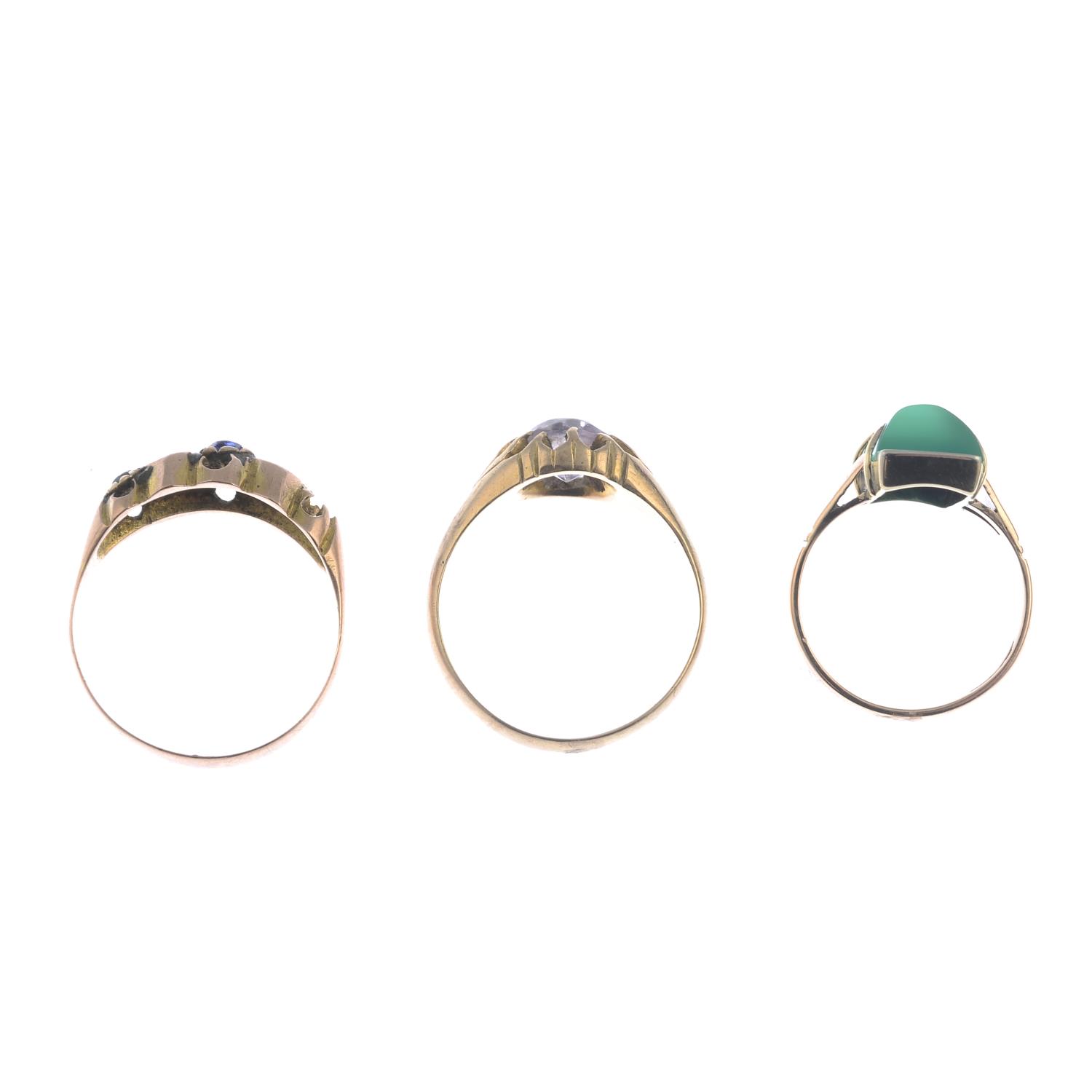 Three late Victorian 9ct gold gem-set rings, set with various gems including chrysoprase. - Image 3 of 4