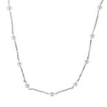 A cultured pearl necklace.Nine cultured pearls, measuring approximately 8.7mms.