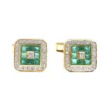 A pair of 18ct gold emerald and diamond cufflinks.Estimated total diamond weight 0.40ct.Hallmarks