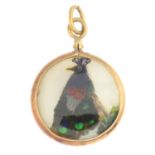 A late Victorian 15ct gold mother-of-pearl and feather pendant,