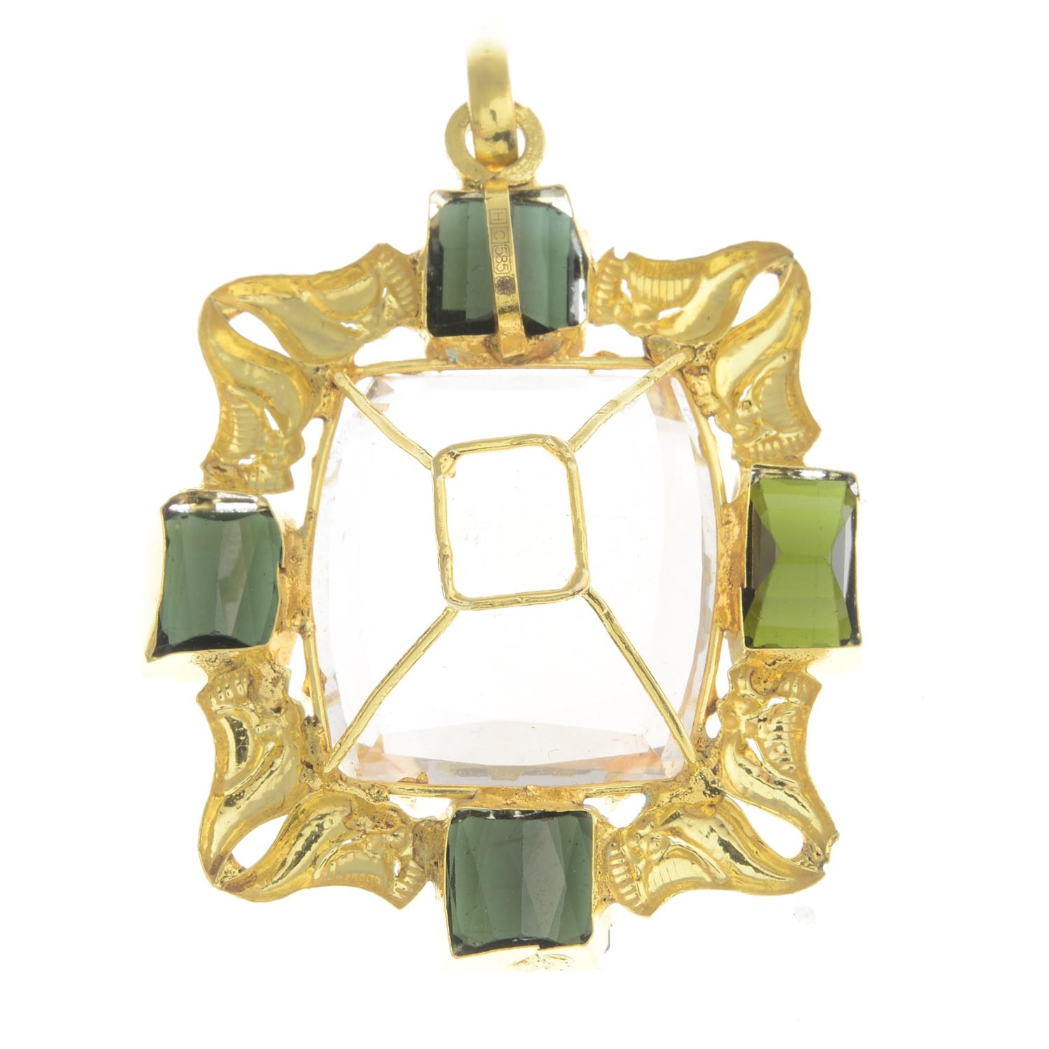 A pinkish orange topaz and green tourmaline pendant.With report 79187-19, - Image 2 of 2
