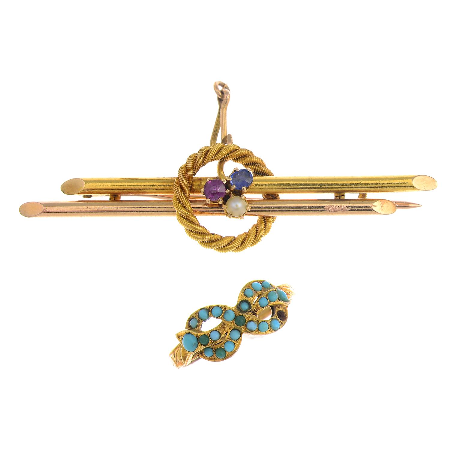 A mid 19th century gold turquoise ring and an early 20th century gold gem-set brooch.