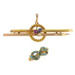 A mid 19th century gold turquoise ring and an early 20th century gold gem-set brooch.