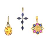 Four gem-set and diamond pendants.Estimated total diamond weight 0.20ct,