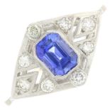 A sapphire and diamond dress ring.Sapphire weight 0.80ct,