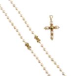 A cultured pearl single-strand necklace, with similarly-designed cultured pearl cross pendant.