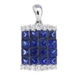 A sapphire and diamond pendant.Total sapphire weight 1.17cts.Total diamond weight 0.14ct,