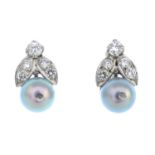 A pair of grey cultured pearl and diamond foliate earrings.Cultured pearls measure approximately