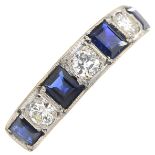 An 18ct gold sapphire and diamond half eternity ring.Estimated total diamond weight 0.50ct,