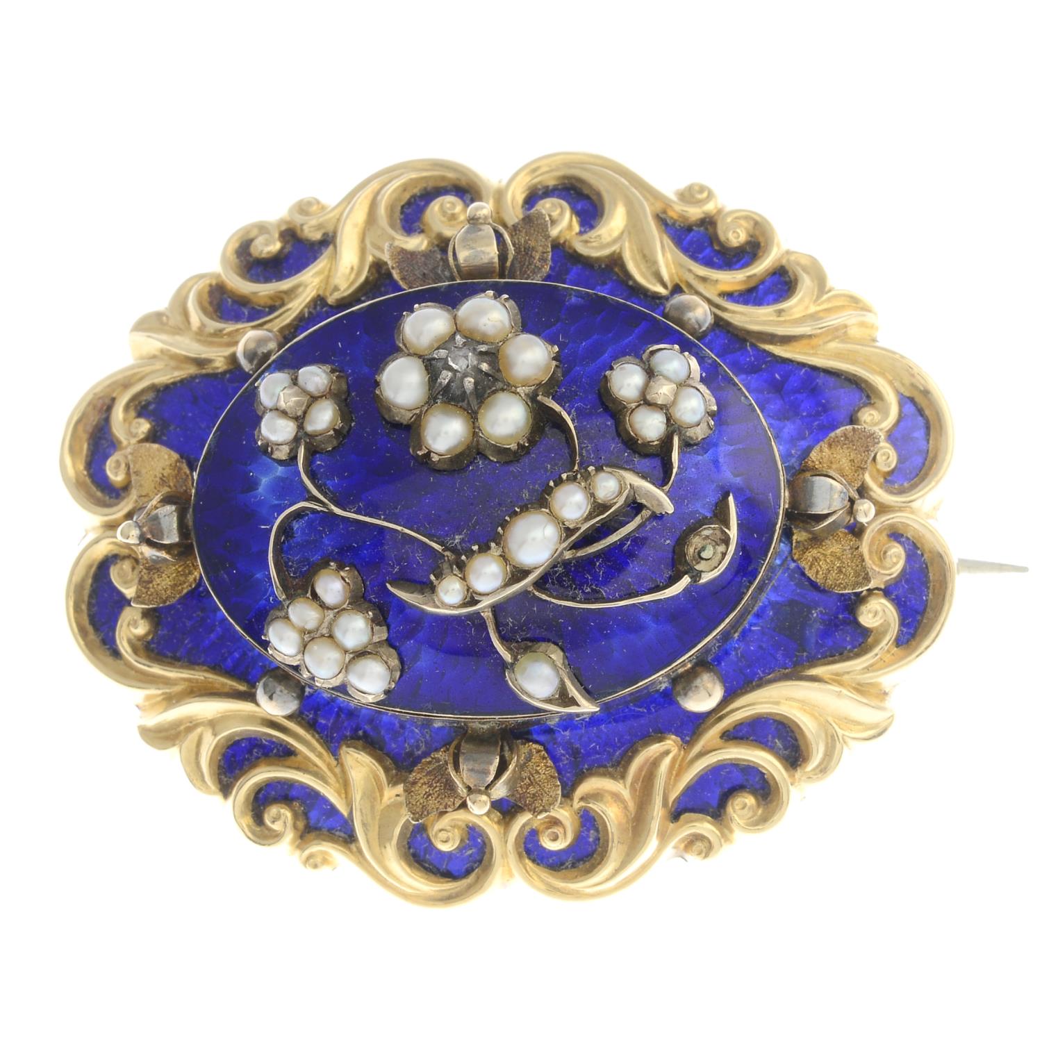 A late Victorian gold split pearl and diamond brooch.One split pearl deficient.