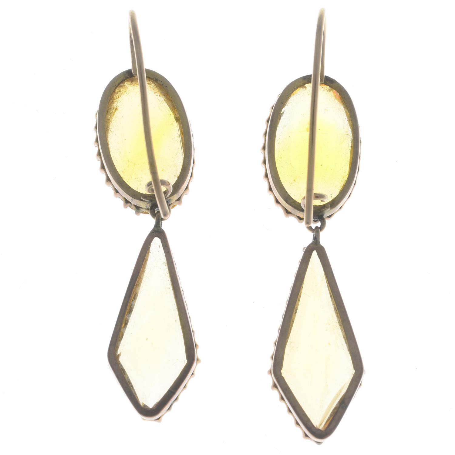 A pair of late Victorian gold citrine drop earrings.Citrine calculated total weight 19.87cts, - Image 2 of 2