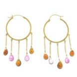 A pair of vari-coloured tourmaline hoop earrings.Length of earrings 8.5cms.