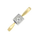 An 18ct gold square-shape diamond single-stone ring.Estimated diamond weight 0.20ct,