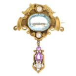 A 19th century 18ct gold gem-set brooch, set with aquamarine, pink sapphires and split pearls.