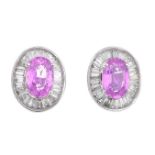 A pair of pink sapphire and diamond cluster earrings.Total diamond weight 0.22 and 0.23ct