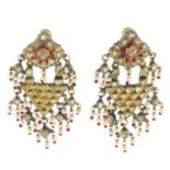 A pair of diamond, gem-set and enamel earrings.