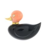 A coral, onyx and diamond duck brooch.Stamped 750.